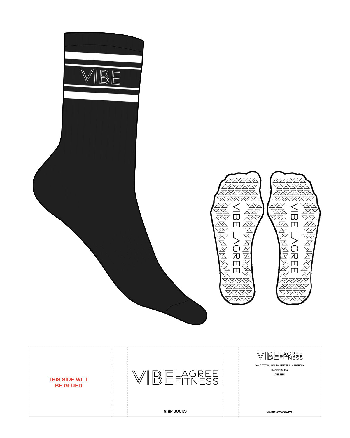 The Crew Sock - Black - Vibe Lagree - 4 Bars & Text - White - Triangle Shape Grip - White