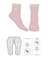 The 1/2 Crew Sock - L58 - Tone Wellness Studio - Top & Toe - Embroidered - White - White Frill - Heart Shape Grip - White