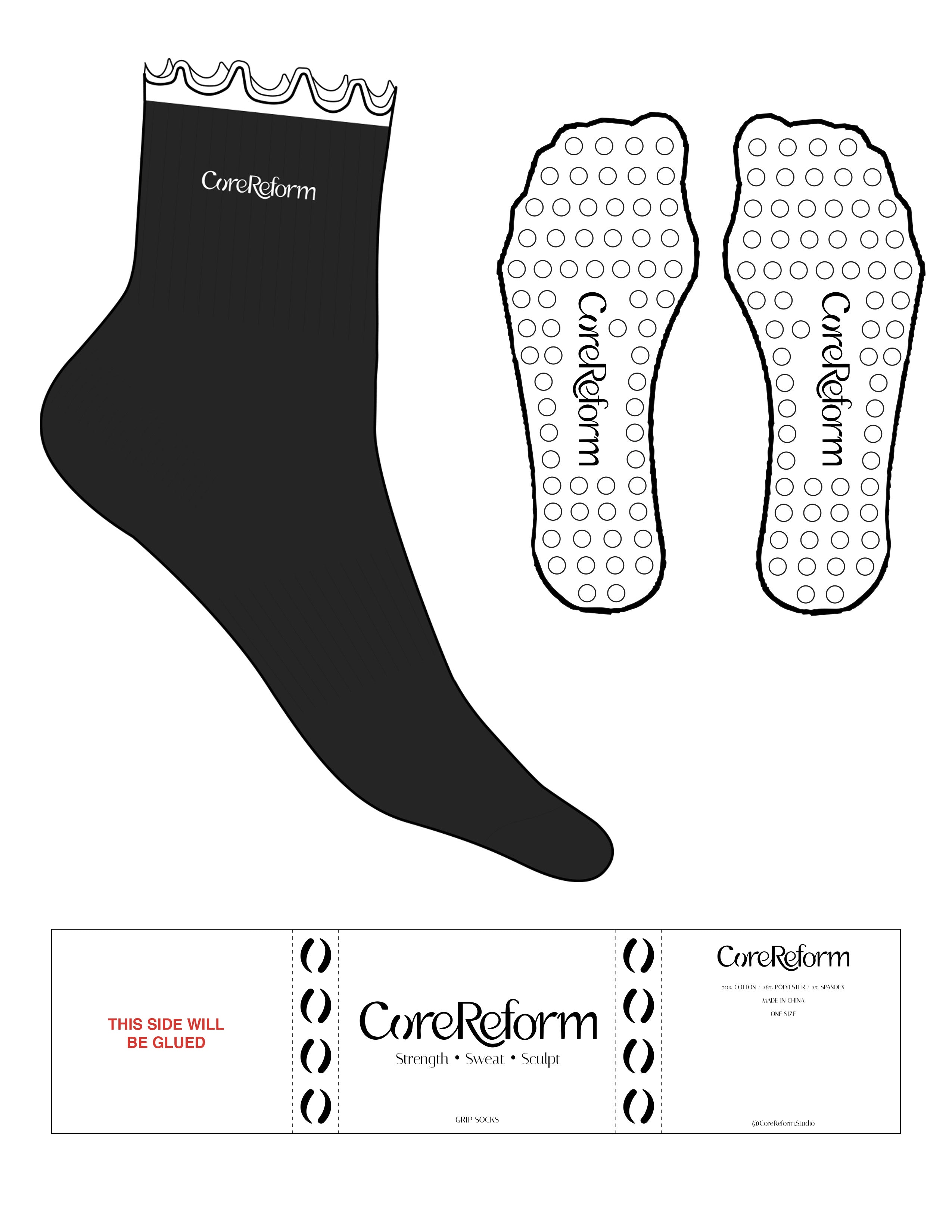 The 1/2 Frilled Crew Sock - Black - CoreReform - Top Logo - EMB - White - Circle Grip - Transparent