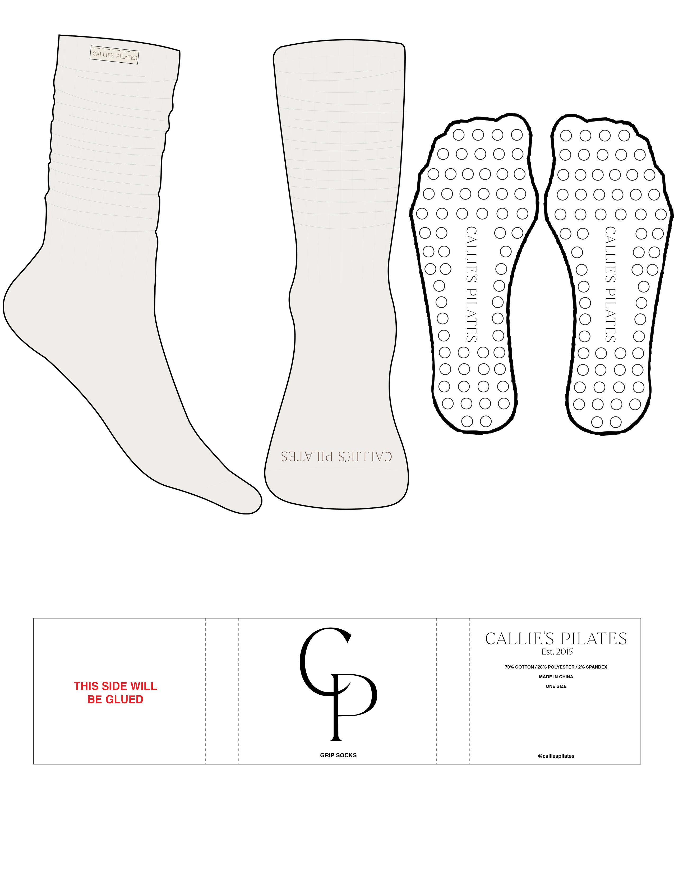 The Slouch Sock - Cloud Dancer - Callies Pilates - Sew on Tag - Truffle Writing - Toe Logo - Truffle - Circle Grip - Transparent