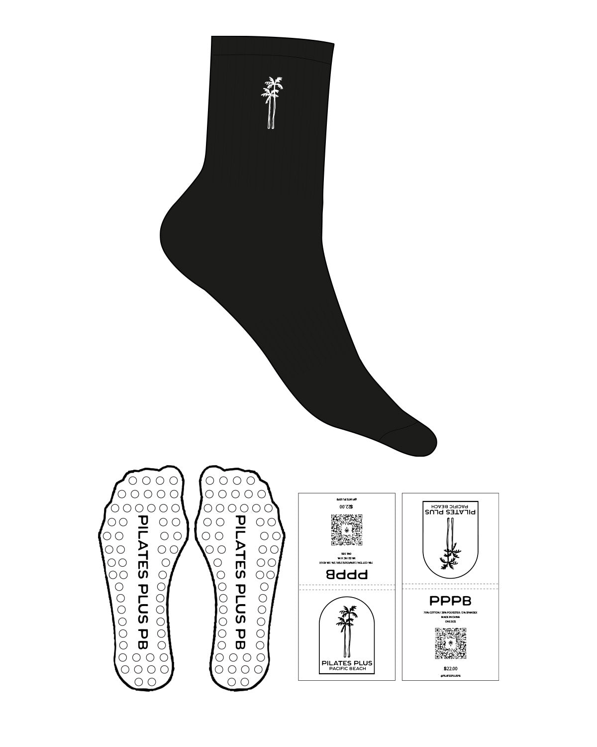 The 3/4 Crew Sock - Black- Pilates Plus PB - Top Icon - Embroidered - Black Circle Shape With Icon Grip - Black