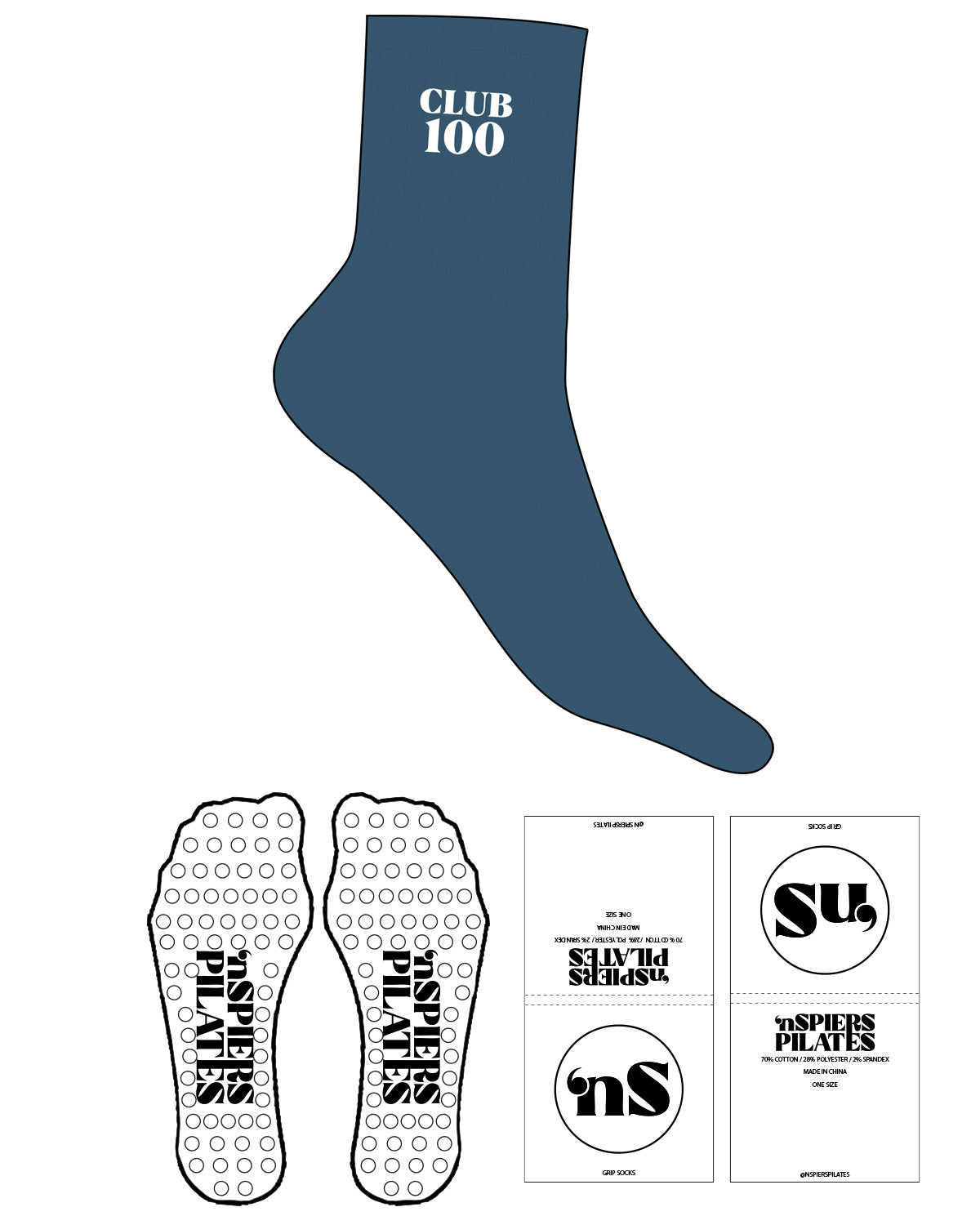 The 3/4 Crew Sock - #35576e - NSpiers - Top Logo "CLUB 100" - Embroidered - White - Circle Grip - Transparent