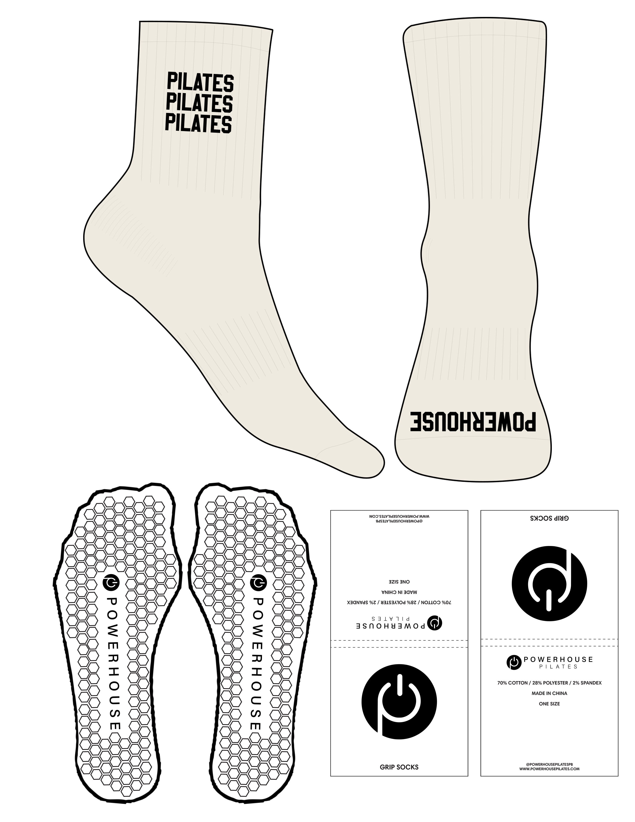 The 3/4 Crew Sock - Off White - Powerhouse Pilates - Top Stacked & Toe Logo - Black - Hexagon grip - Black