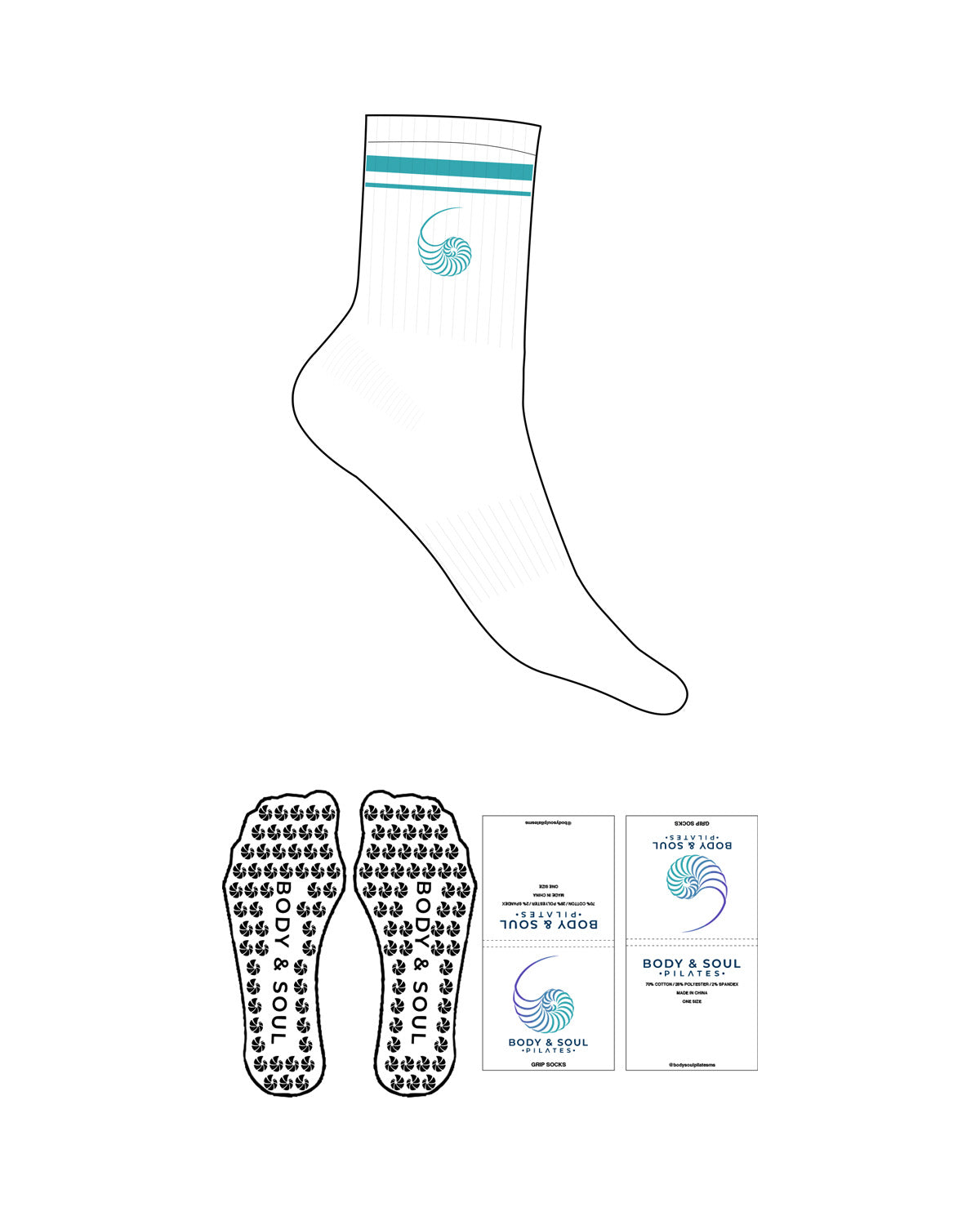 The 3/4 Crew Sock - White - Body & Soul - 2 Teal Stripe - Top Icon- Embroidered - Teal - Custom Shape Grip - Transparent
