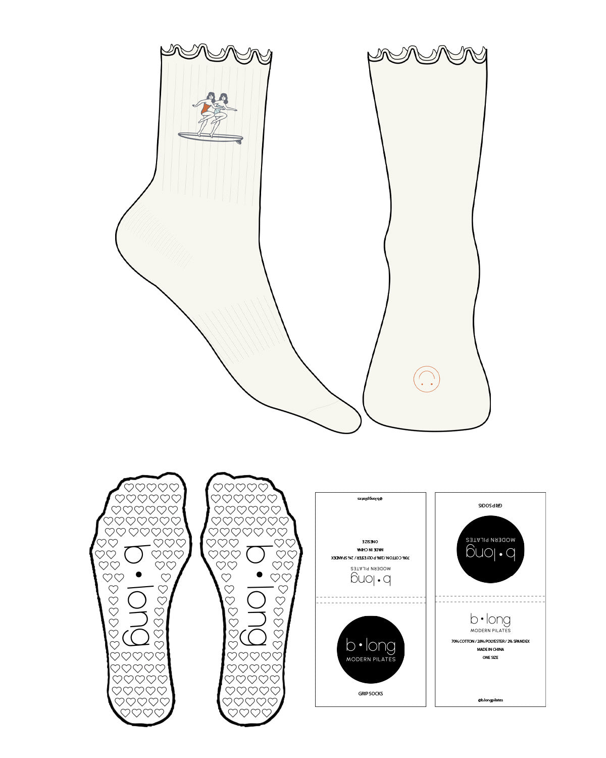 The 3/4 Crew Sock - Cream - B Long Pilates - Top Embroidered Logo - Blue/Gray - Toe Logo - Orange - Heart Grip - Orange