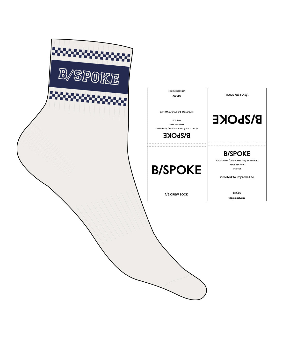 The 1/2 Crew Sock - Cloud Dancer - BSPOKE - Stripes & Top Logo - Beacon Blue & Checkers