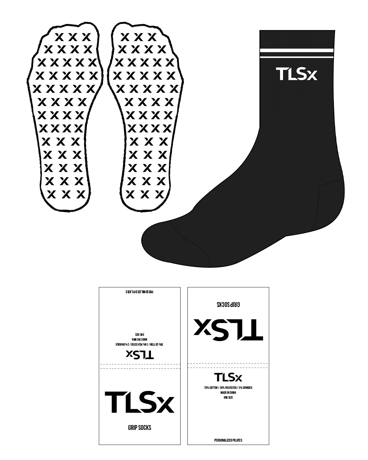 The Crew Sock - Black - TLSX - 2 Lines - Center - White - X Shape - White - Grip