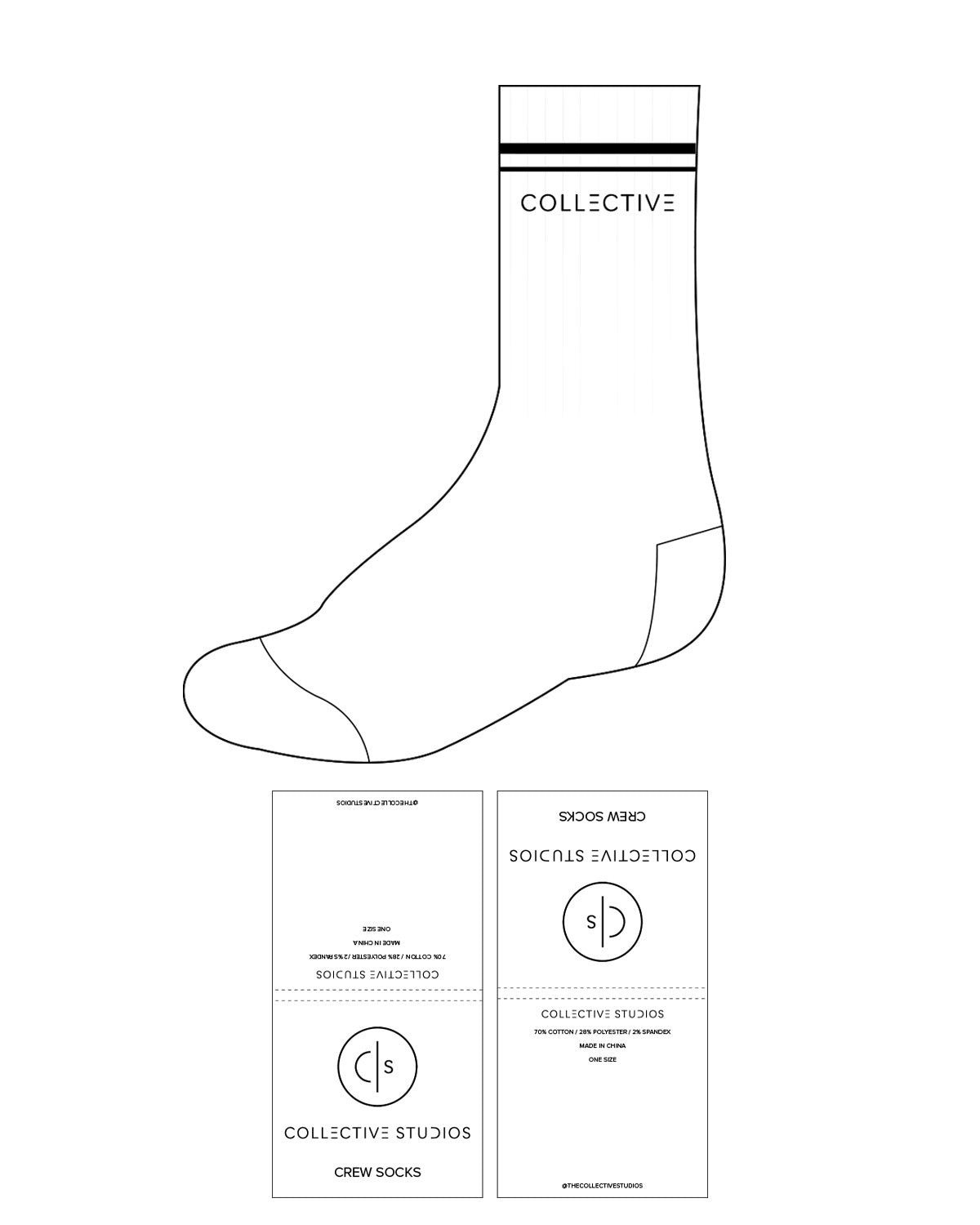 The Crew Sock - White - Collective Studios - 2 Lines Top - Text Center - Black