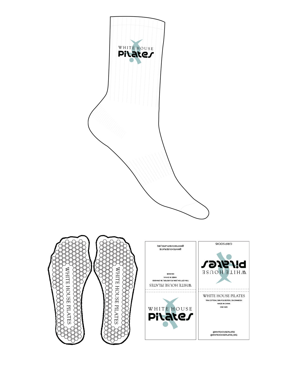 The Crew Sock - White - White House - Top Logo - Full Color - Hexagon Shape Grip - Black