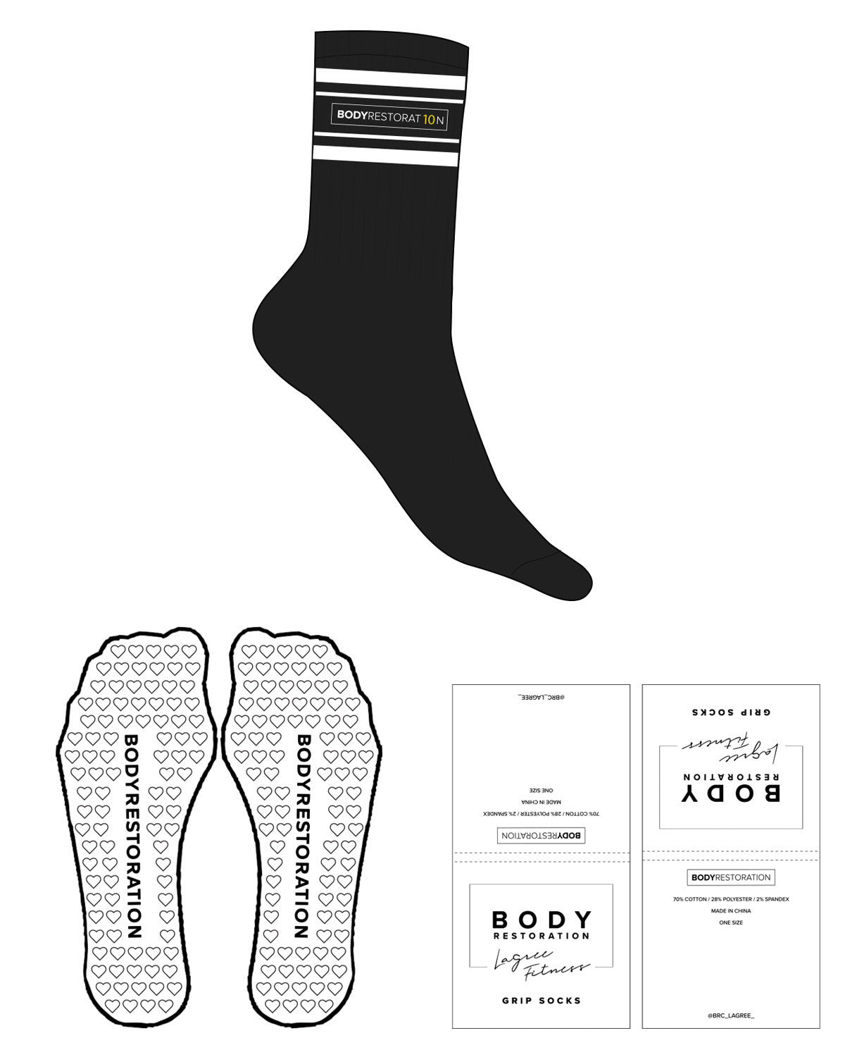 The 3/4 Crew Sock - Black - Body Restoration - 4 Lines - Text Inside Box - Full Color - Heart Shape Grip - White