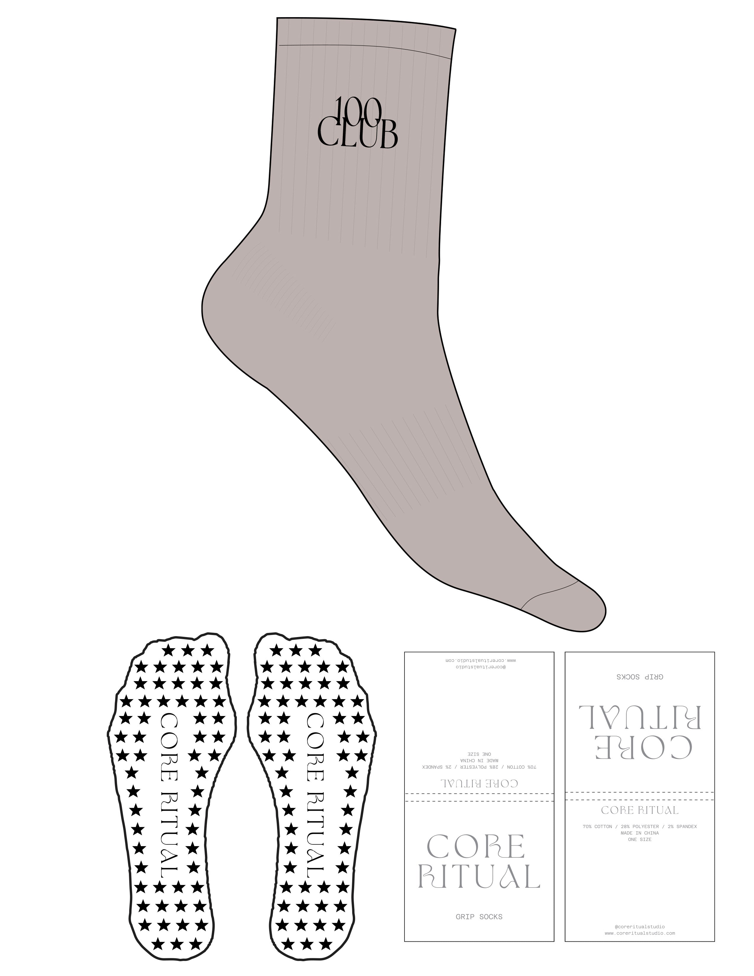 The 3/4 Crew Sock - Nude - Core Ritual - Top Logo "100 CLUB" - Embroidered - Black - Star Grip - Black