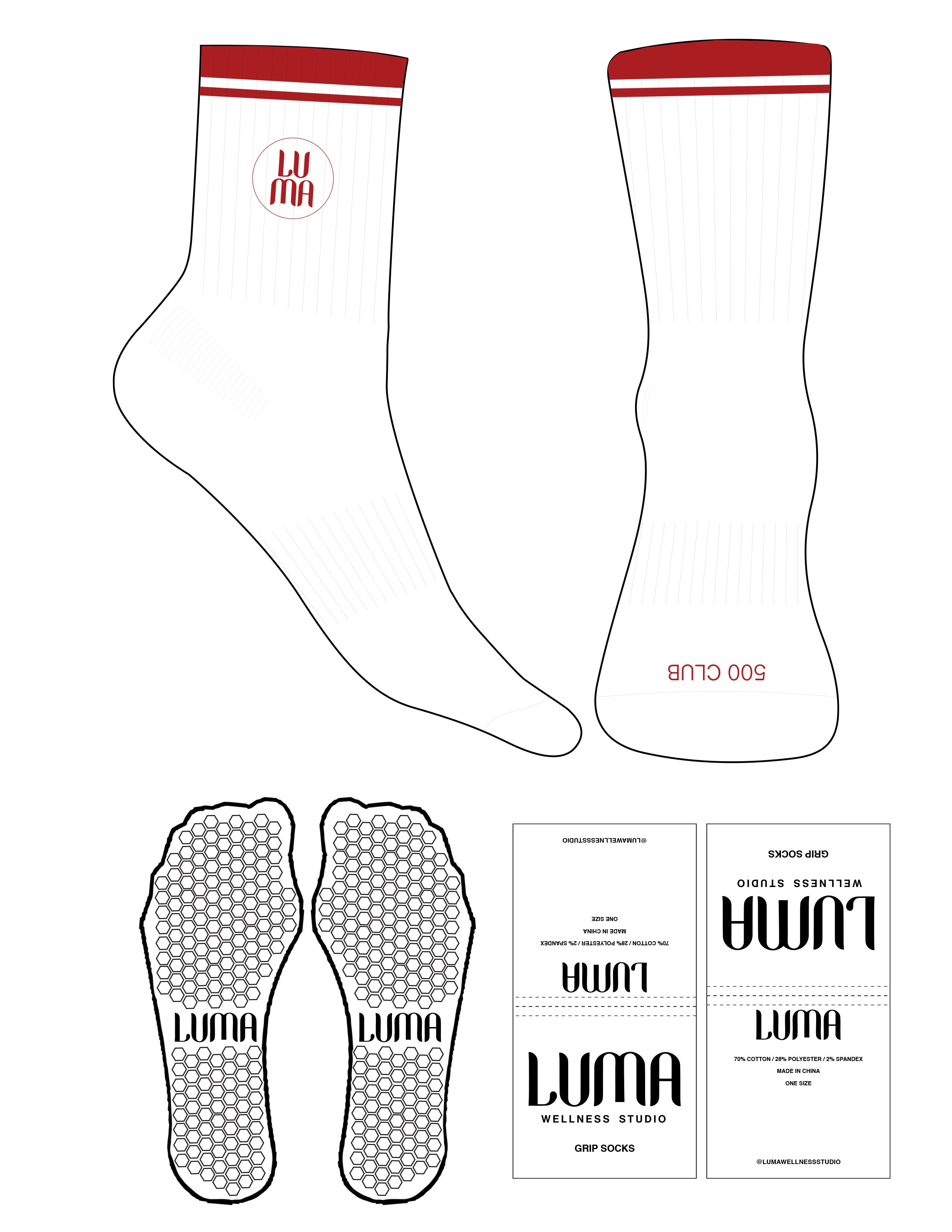 The 3/4 Crew Sock - White - Luma Wellness - Fire Stripes - Top Logo Embroidered - Toe Logo - Fire - Hexagon Grip - Fire