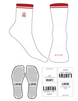 The 3/4 Crew Sock - White - Luma Wellness - Fire Stripes - Top Logo Embroidered - Toe Logo - Fire - Hexagon Grip - Fire
