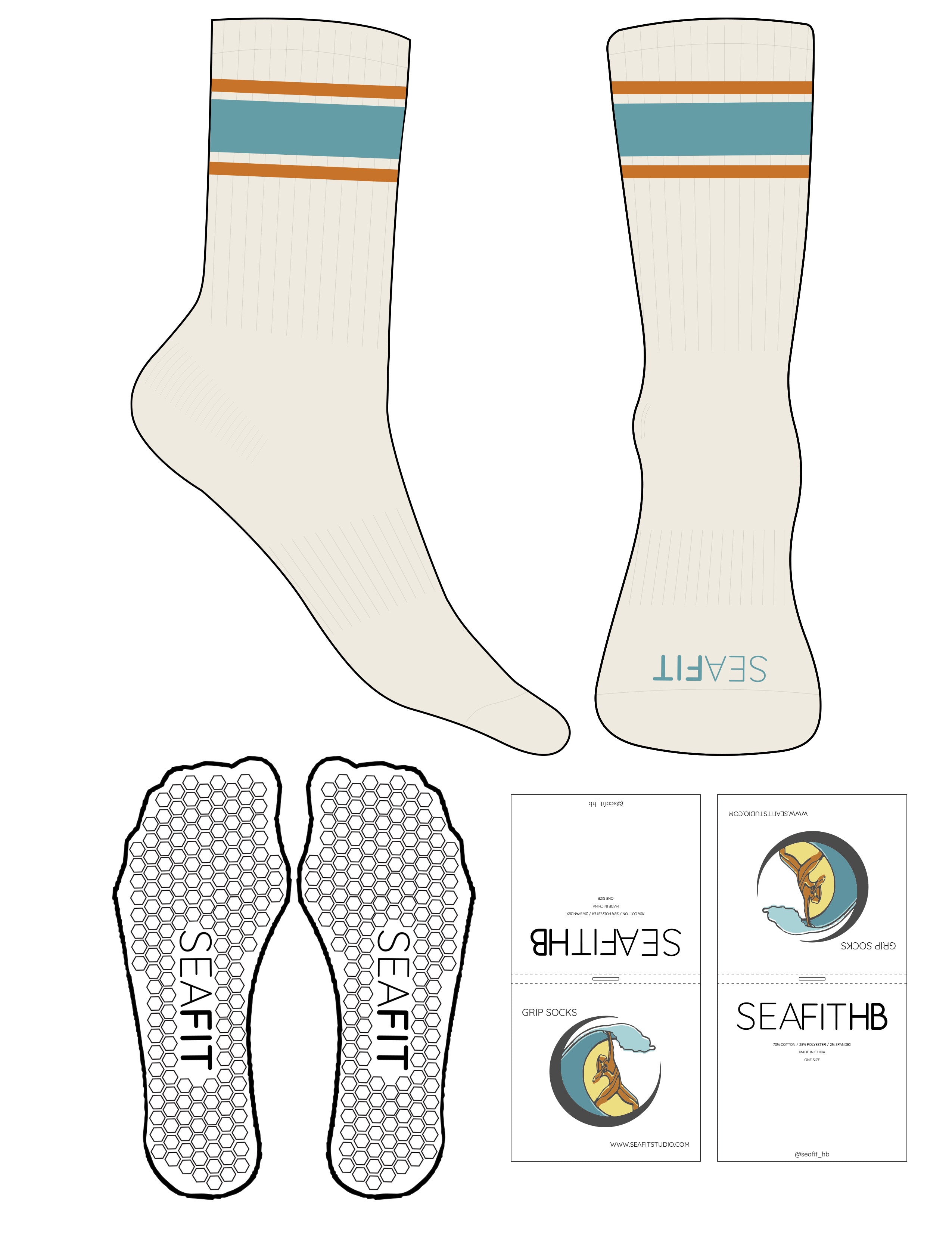 The Crew Sock - Off White - Seafit - 3 Stripes - Ocean & Apricot - Toe Logo - Ocean - Hexagon Grip - Ocean