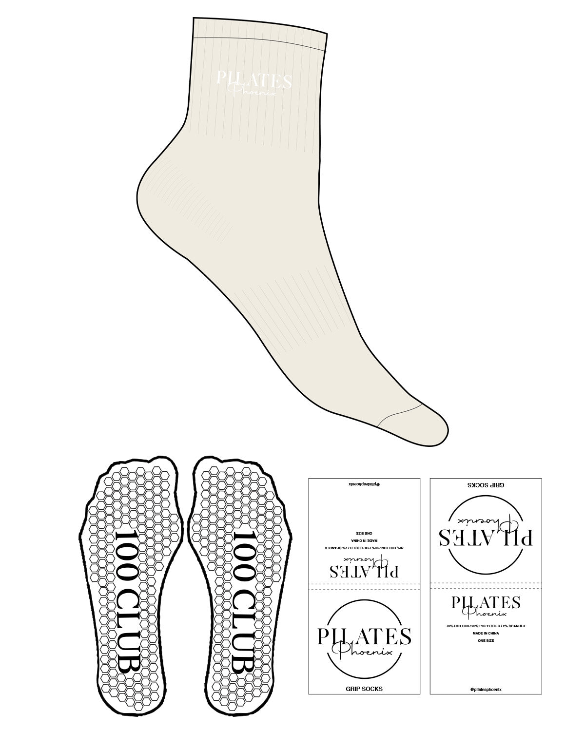 The 1/2 Crew Sock - Off White - Pilates Phoenix - Top Logo Stacked - Embroidered - White - Hexagon Shape Grip "100 Club" - White