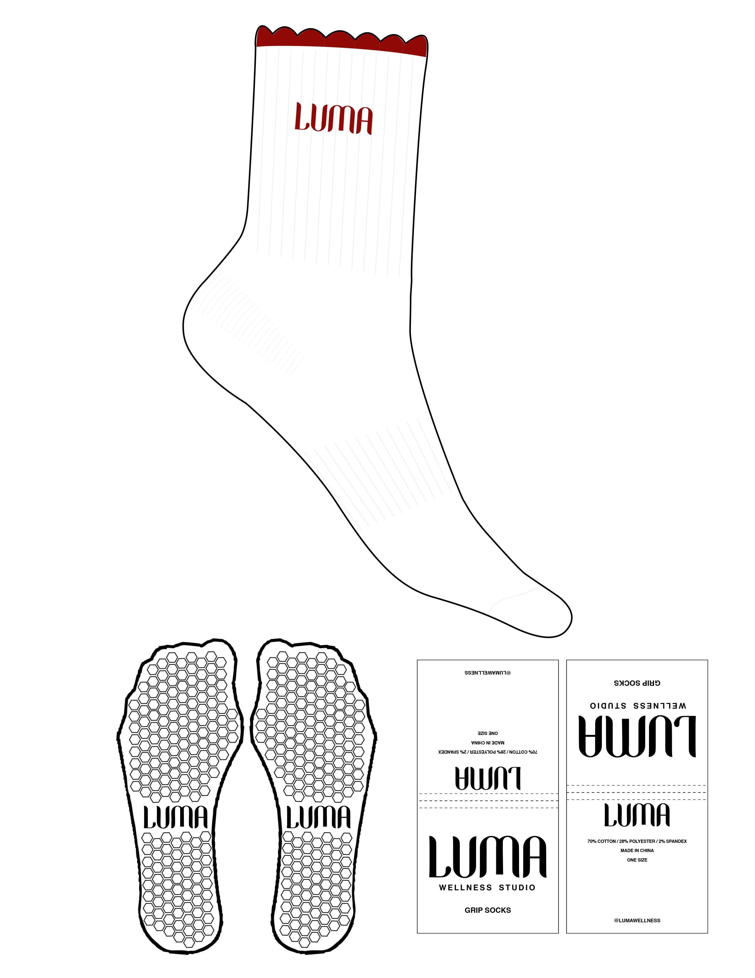 The 3/4 Crew Sock - White - Luma Wellness - Red Scalloped - Top Logo - EMB - Red - Hexagon Grip - Red