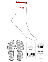 The 3/4 Crew Sock - White - Luma Wellness - Red Scalloped - Top Logo - EMB - Red - Hexagon Grip - Red