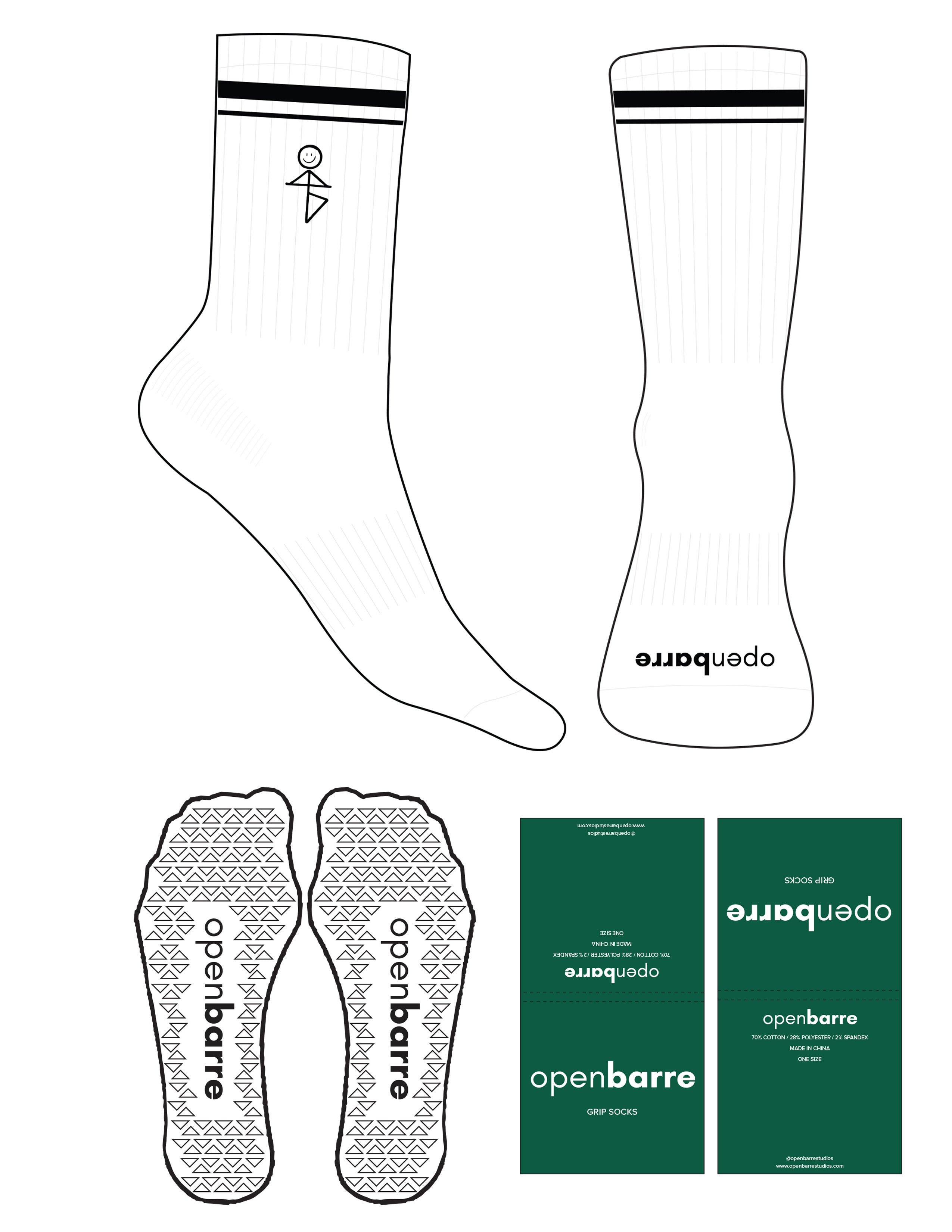 The Crew Sock - White - OPENBARRE - 2 Stripes & Toe Logo Printed - Top Logo Embroidered - Black - Triangle Grip - Black