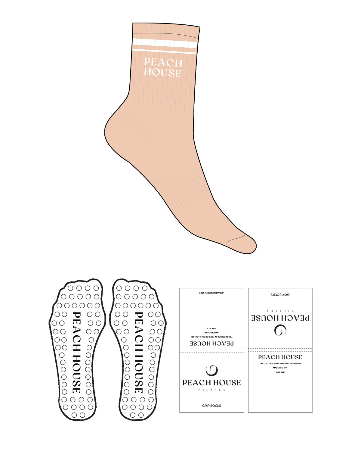 The 3/4 Crew Sock - Light Pink L93 - Peach House Pilates - 3 Strips - Top Logo Stacked - White - Circle Shape Grip - Transparent