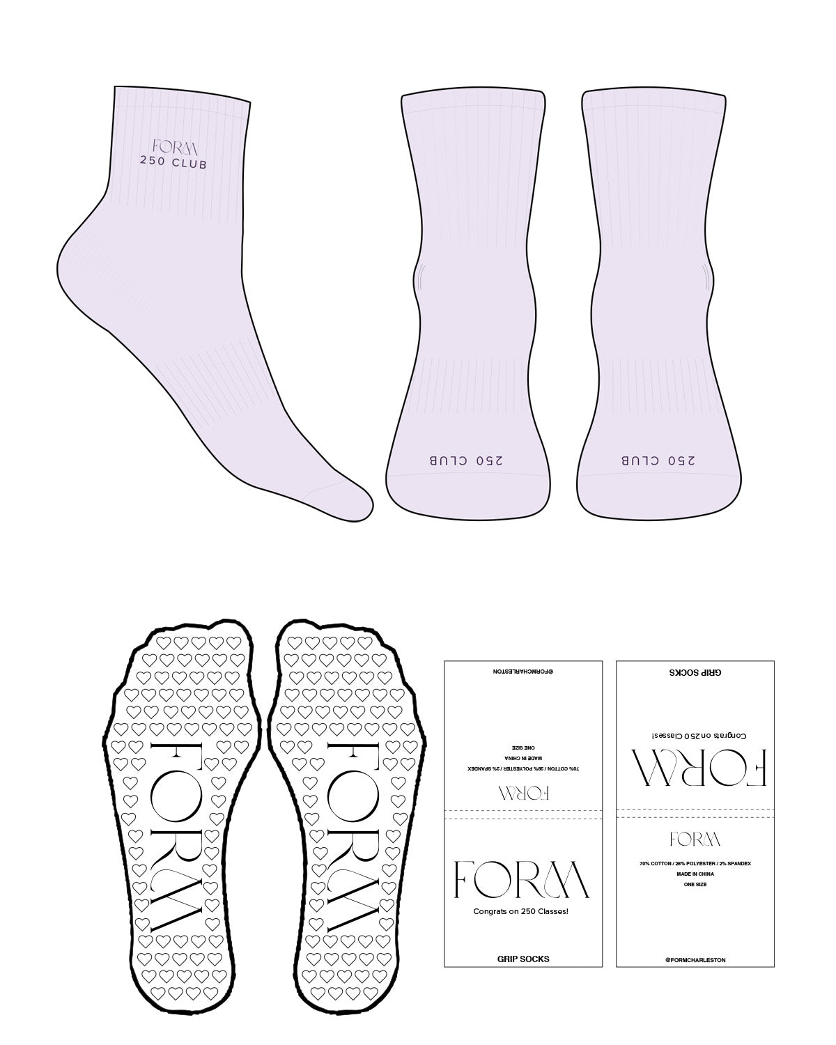 The 1/2 Crew Sock - Light Lilac - Form Charleston - Ankle "250" - EMB - Plum - Toe - Printed - Plum - Heart Grip - Plum