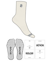 Custom Length Sock - Off White - Solos Pilates - 2 Toe Strip - Top Logo Inverted "S" - Embroidered - Navy - Triangle Shape Grip - Translucent