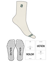 Custom Length Sock - Off White - Solos Pilates - 2 Toe Strip - Top Logo Inverted "S" - Embroidered - Dark Green - Triangle Shape Grip - Translucent