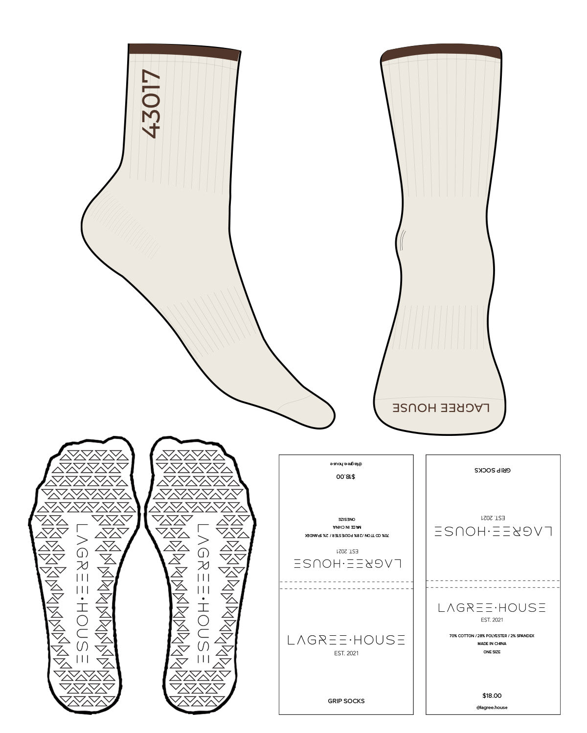 The 3/4 Crew Sock - Off White - Lagree House - Top Stripe Dark Brown - Top Logo Embroidered - Dark Brown - Toe Printed - Dark Brown - Triangle Grip - Transparent