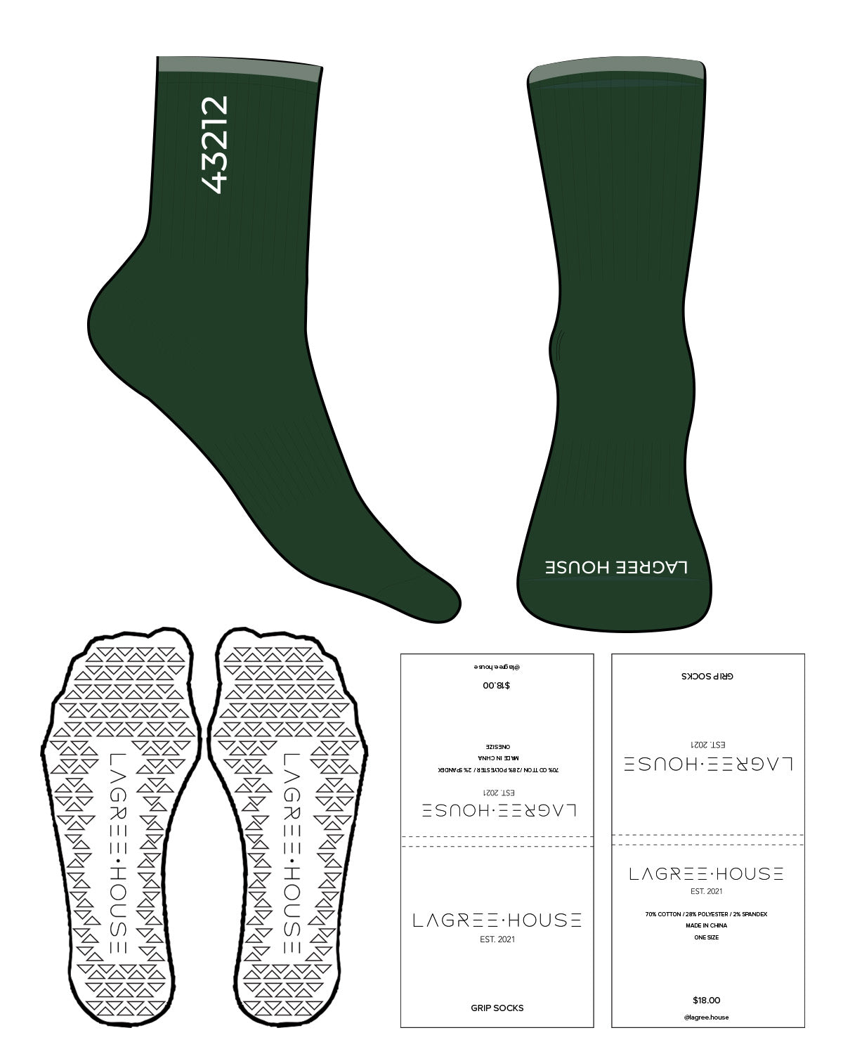 The 3/4 Crew Sock - Forest - Lagree House - Top Stripe Sage - Top Logo Embroidered - White - Toe Printed - White - Triangle Grip - Transparent
