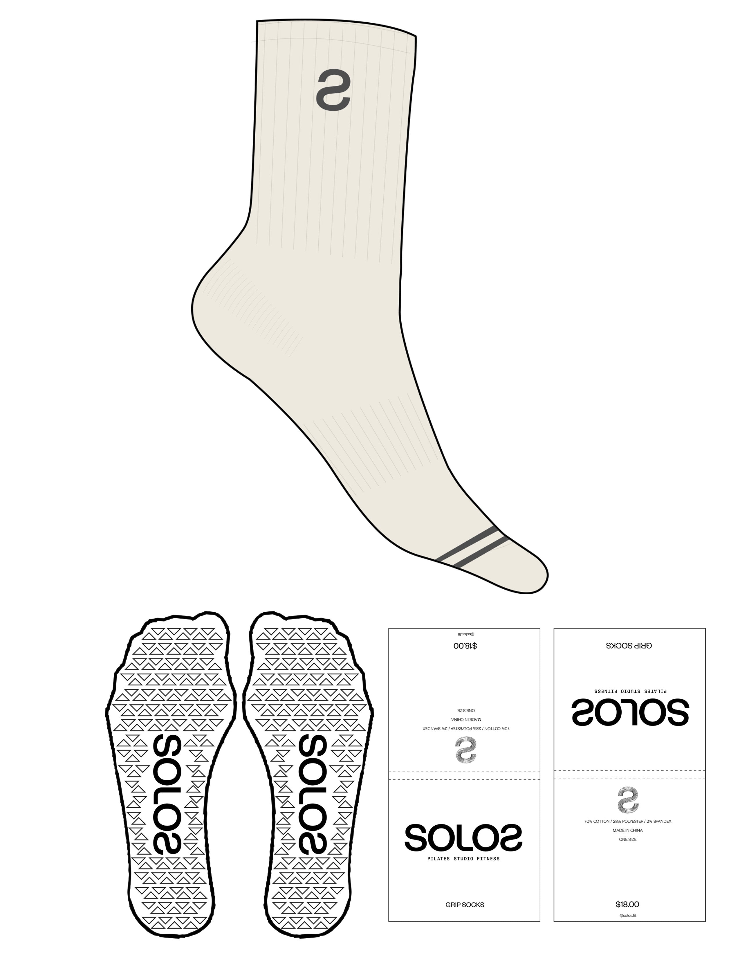 Custom Length Sock - Off White - Solos Pilates - 2 Toe Strip - Top Logo Inverted "S" - Embroidered - Charcoal - Triangle Shape Grip - Translucent