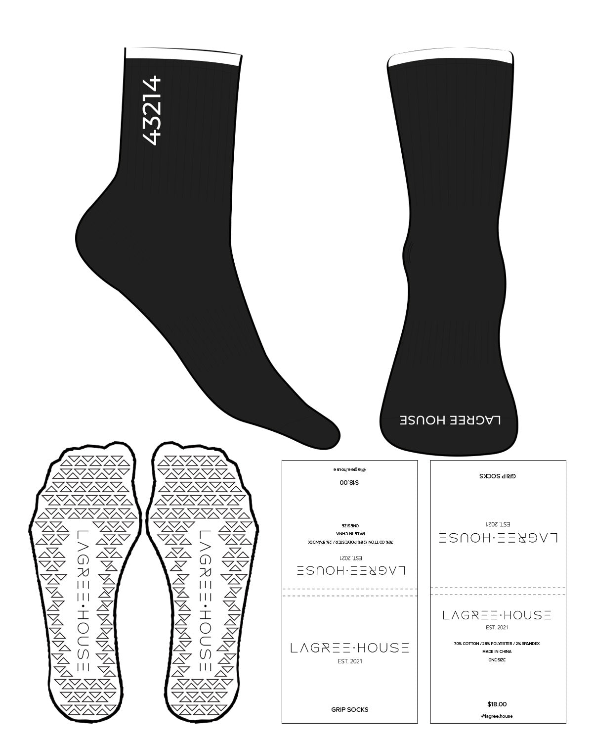 The 3/4 Crew Sock - Black - Lagree House - Top Stripe White - Top Logo Embroidered - White - Toe Printed - White - Triangle Grip - Transparent