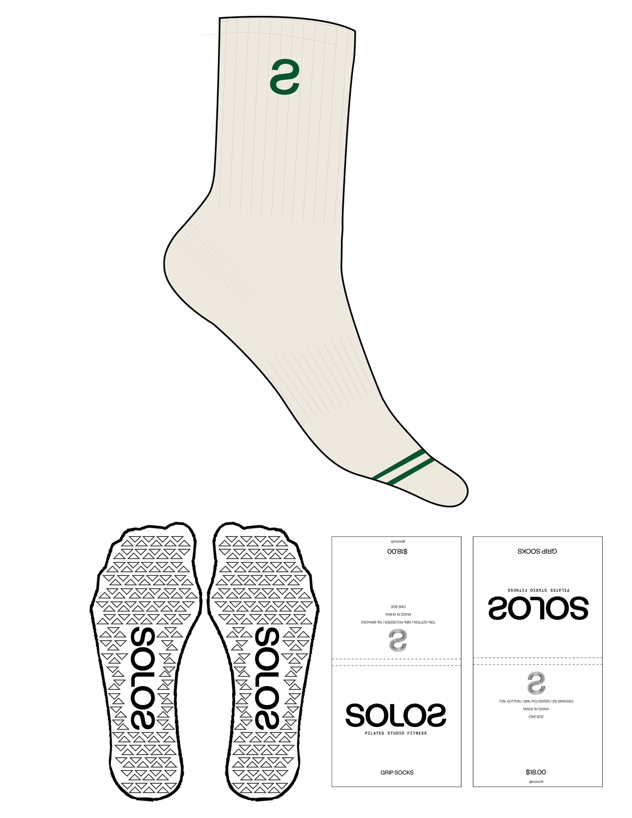 Custom Length Sock - Off White - Solos Pilates - 2 Toe Strip - Top Logo Inverted "S" - Embroidered - Green - Triangle Shape Grip - Translucent