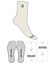 Custom Length Sock - Off White - Solos Pilates - 2 Toe Strip - Top Logo Inverted "S" - Embroidered - Green - Triangle Shape Grip - Translucent