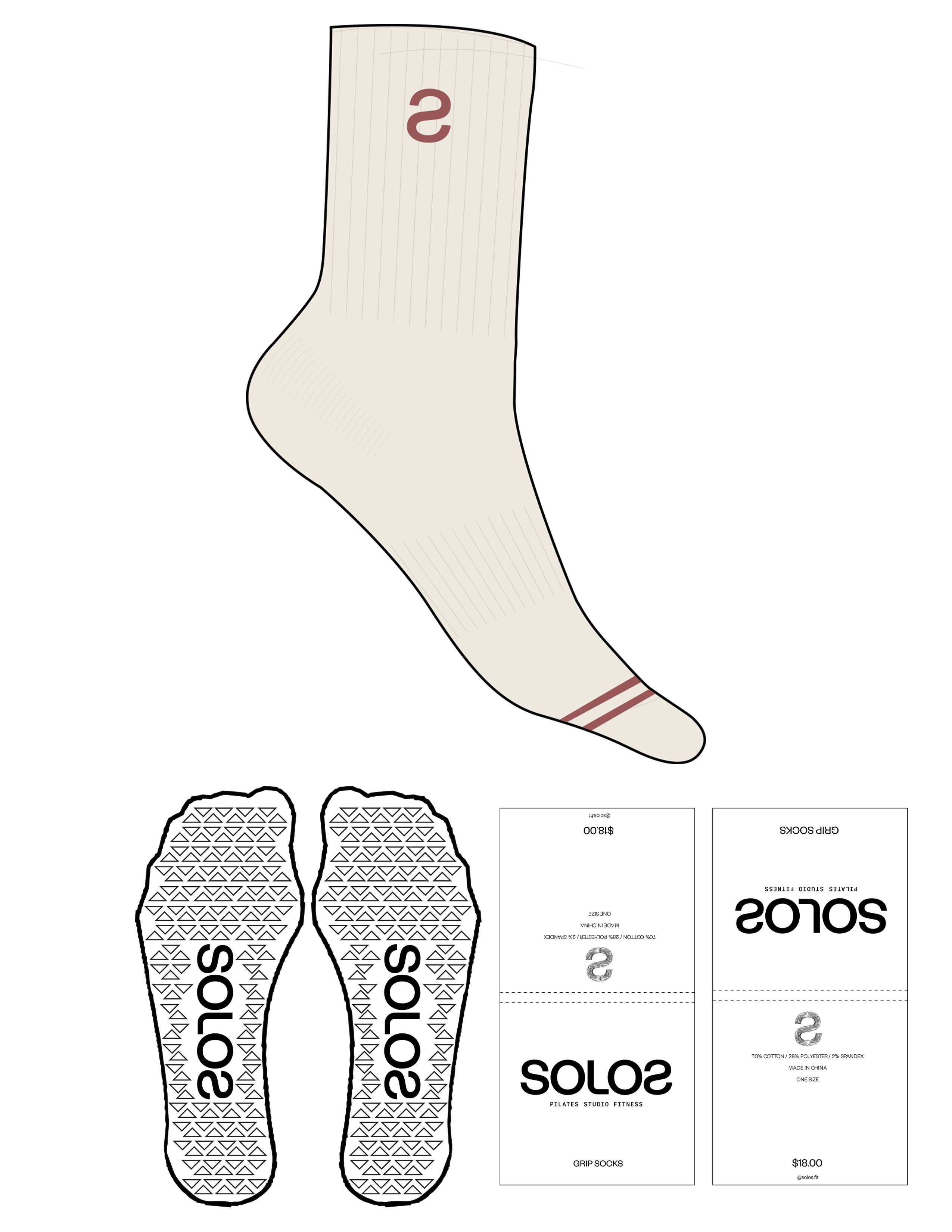 Custom Length Sock - Off White - Solos Pilates - 2 Toe Strip - Top Logo Inverted "S" - Embroidered - Terracotta - Triangle Shape Grip - Translucent