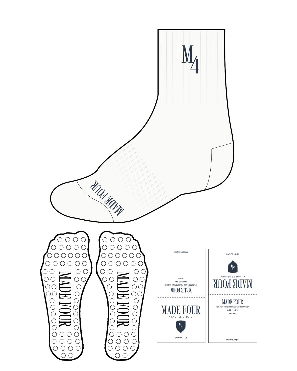 The 3/4 Crew Sock - Light Grayish Green - M4Lagree - Top "M4" & Bottom - Circle Grip - Very Dark Desaturated Blue