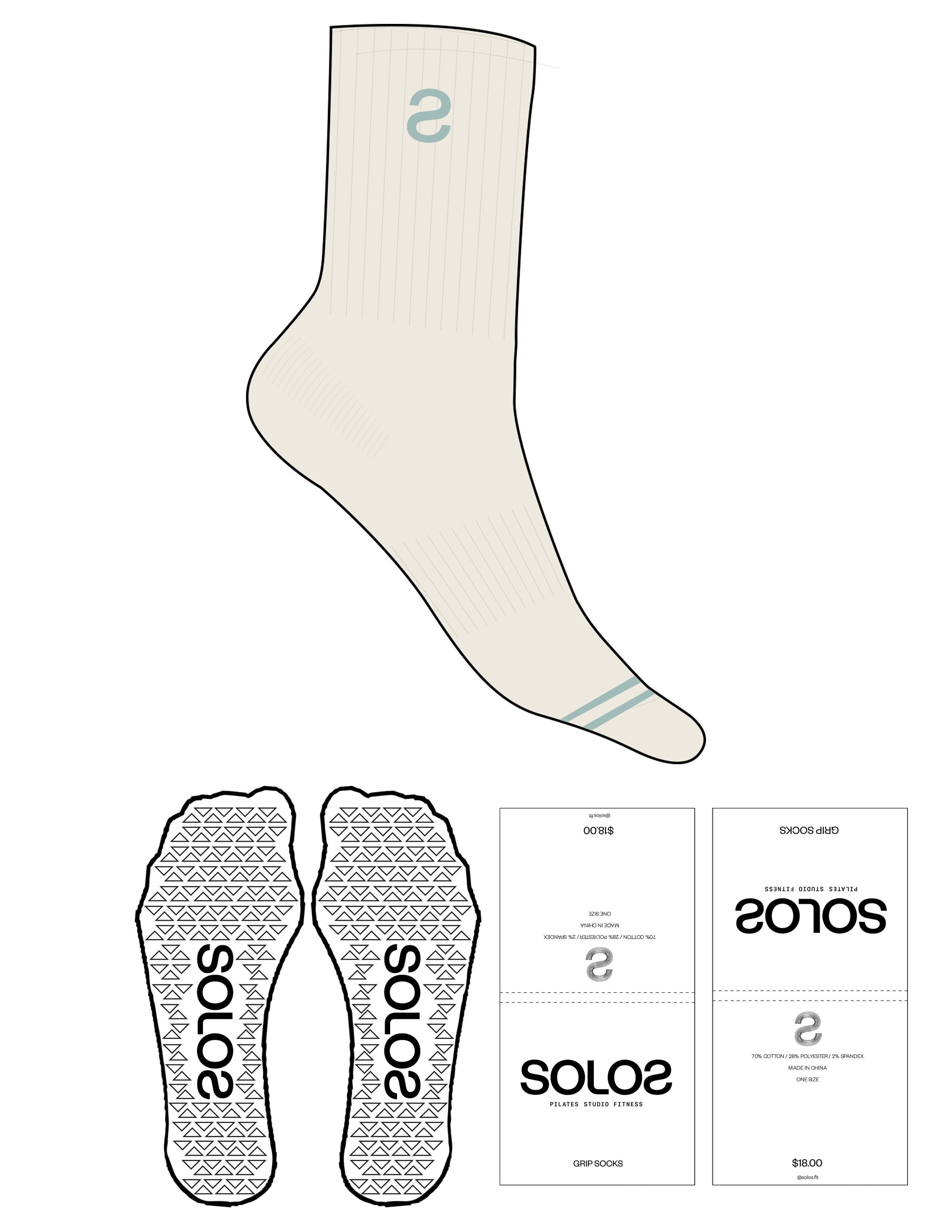 Custom Length Sock - Off White - Solos Pilates - 2 Toe Strip - Top Logo Inverted "S" - Embroidered - Blue - Triangle Shape Grip - Translucent
