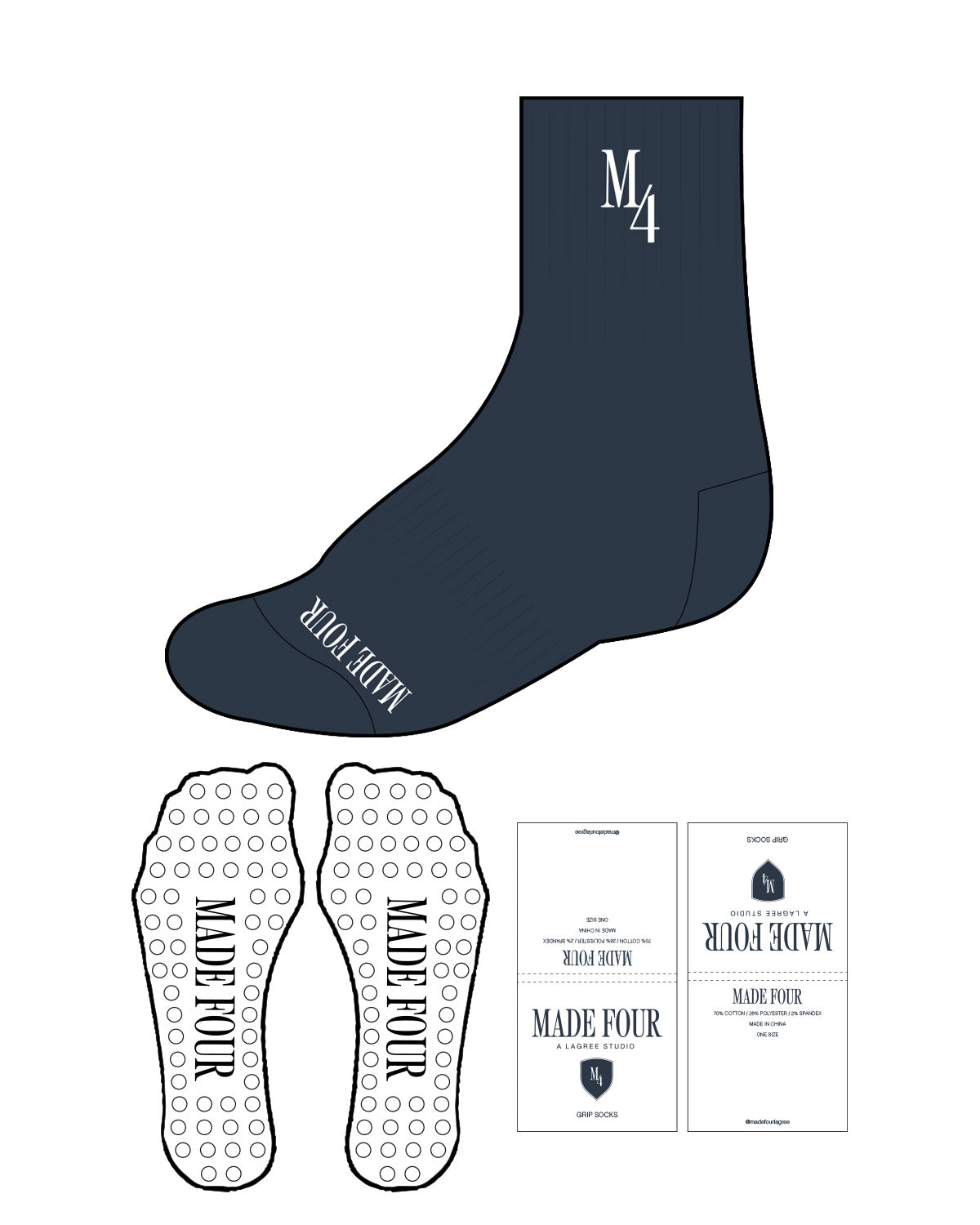 The 3/4 Crew Sock - Very Dark Desaturated Blue - M4Lagree - Top "M4" & Bottom - Circle Grip -  White