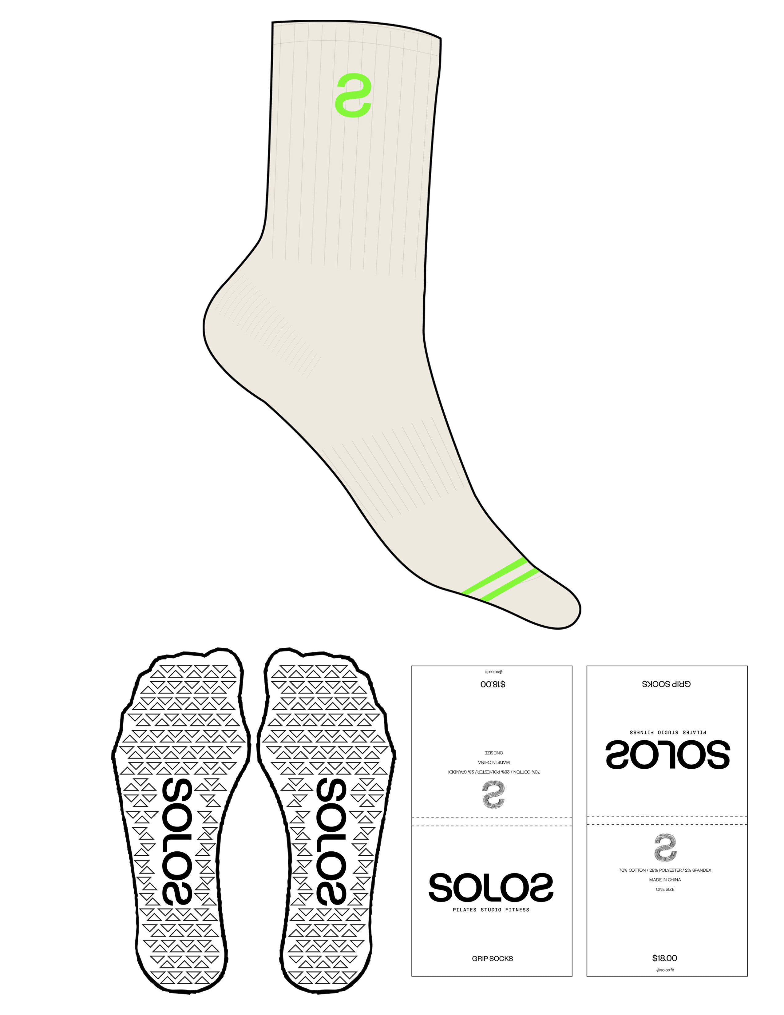 Custom Length Sock - Off White - Solos Pilates - 2 Toe Strip - Top Logo Inverted "S" - Embroidered - Neon Green - Triangle Shape Grip - Translucent