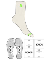 Custom Length Sock - Off White - Solos Pilates - 2 Toe Strip - Top Logo Inverted "S" - Embroidered - Neon Green - Triangle Shape Grip - Translucent