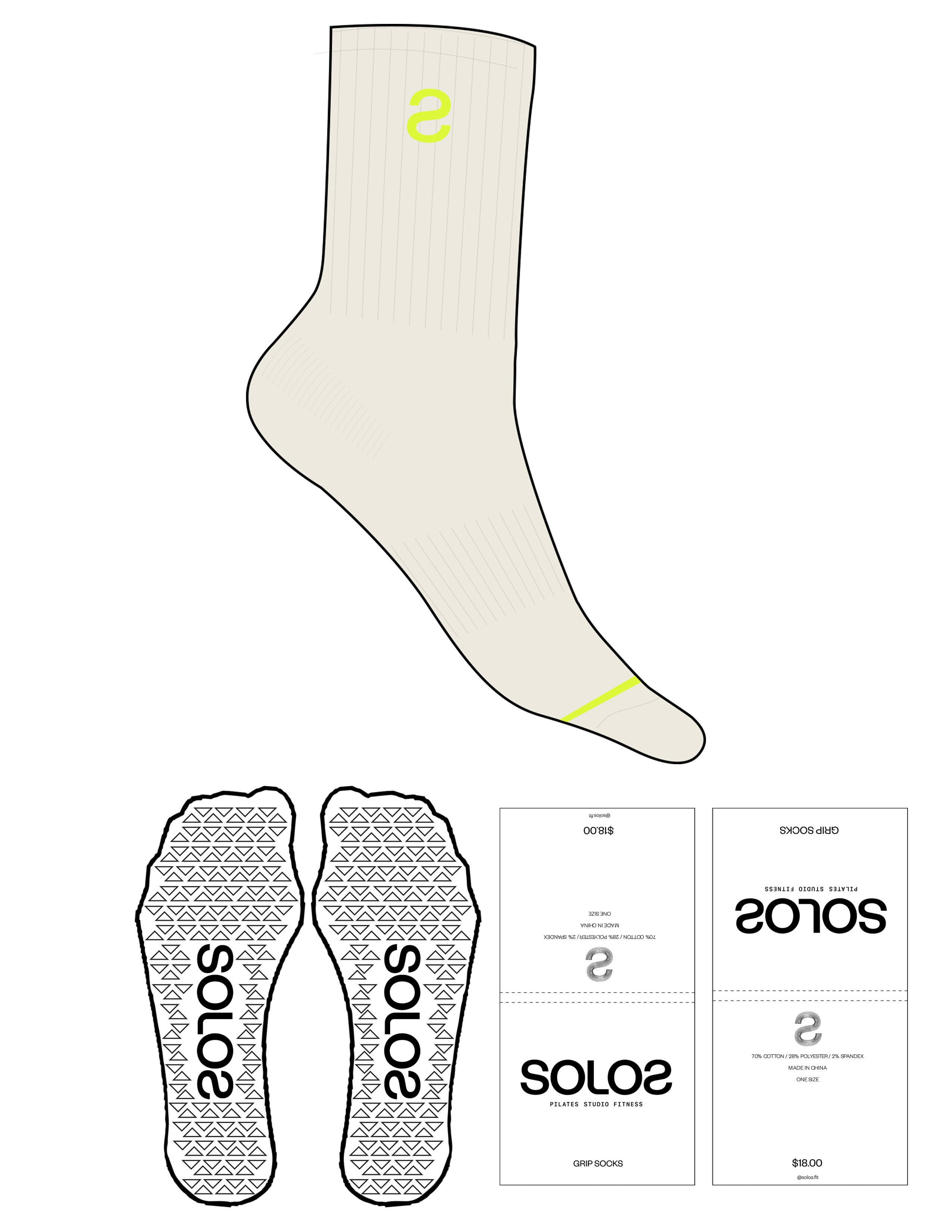 Custom Length Sock - Off White - Solos Pilates - 2 Toe Strip - Top Logo Inverted "S" - Embroidered - Neon Yellow - Triangle Shape Grip - Translucent