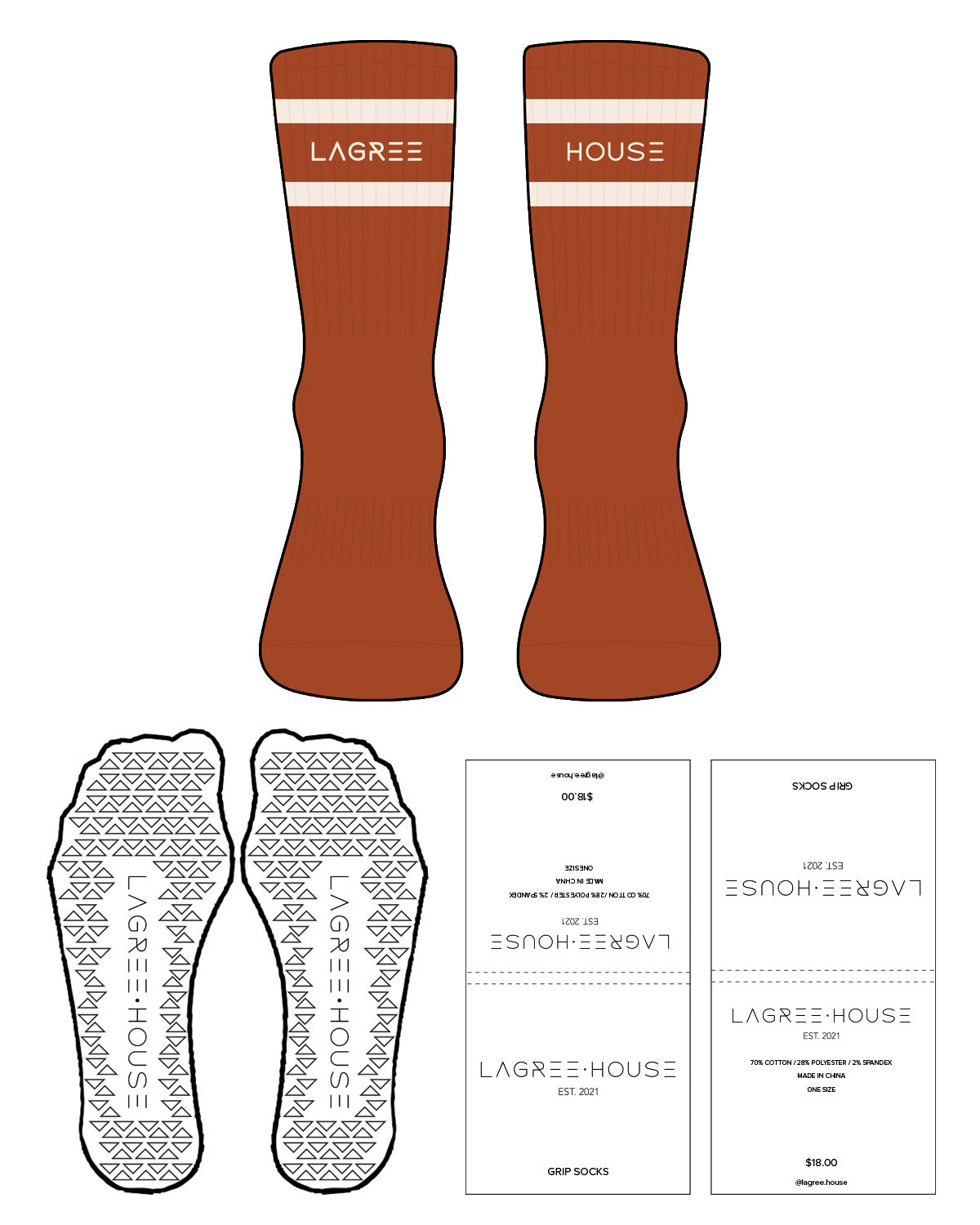 The Crew Sock - Burnt Orange - Lagree House - 2 Lines - Text In Between - Gold - Triangle Shape Grip - Transparent