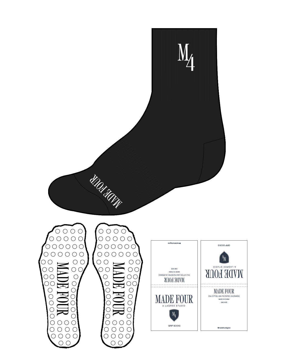 The 3/4 Crew Sock - Black - M4Lagree - Top "M4" & Bottom - Circle Grip -  White