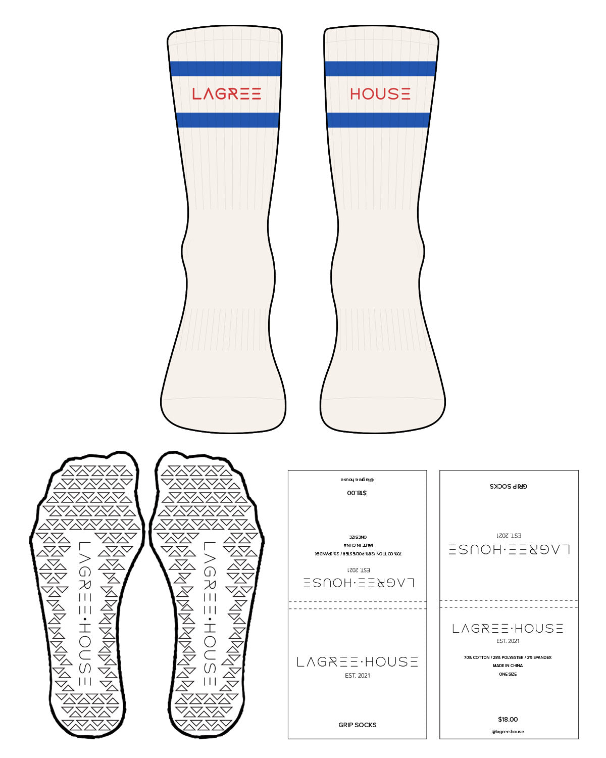 The Crew Sock - Off White - Lagree House - 2 Lines - Text In Between - Full Color - Triangle Shape Grip - Transparent