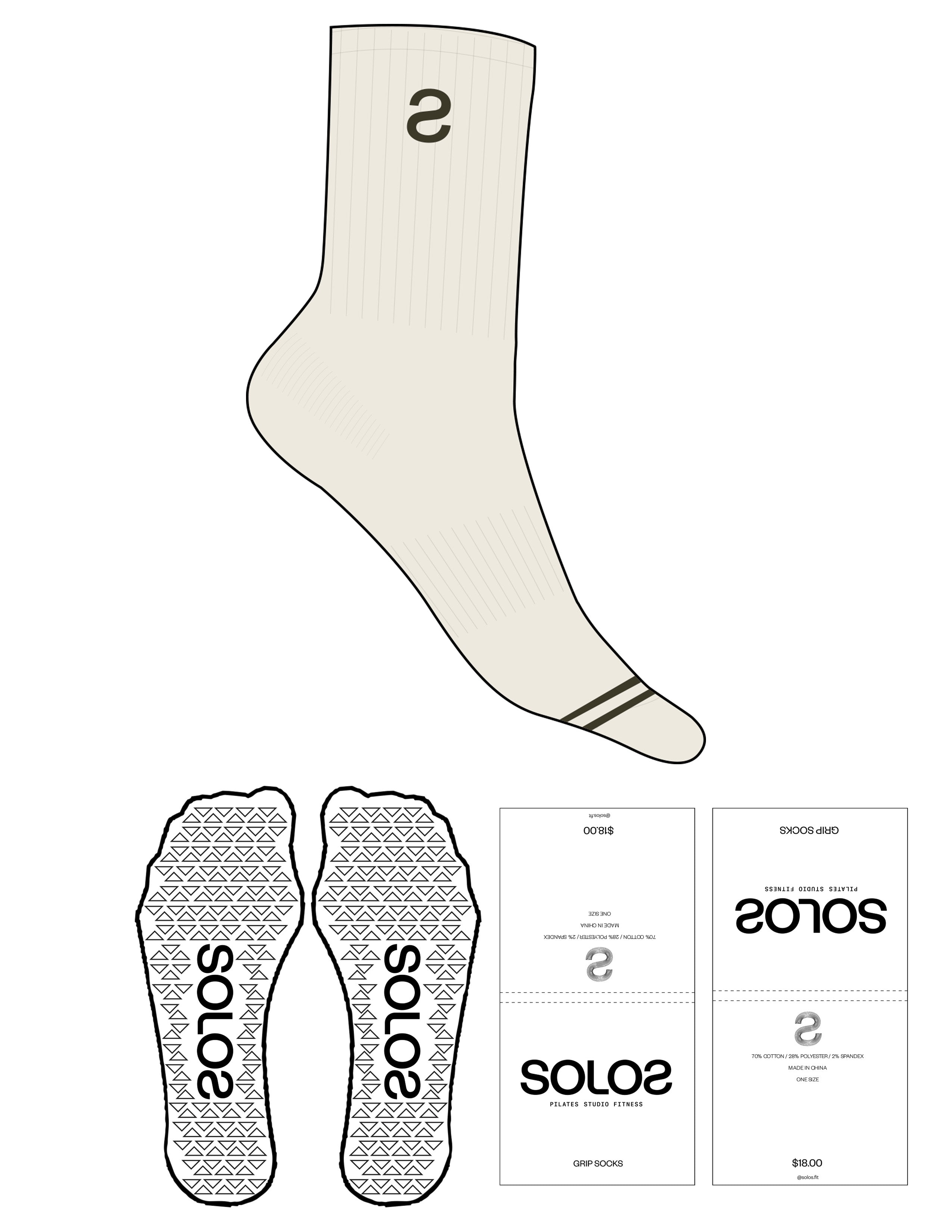 Custom Length Sock - Off White - Solos Pilates - 2 Toe Strip - Top Logo Inverted "S" - Embroidered - Brown - Triangle Shape Grip - Translucent