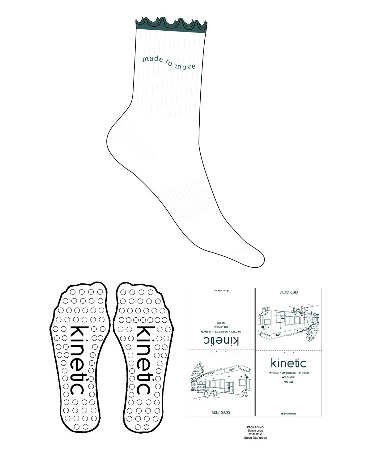 The 3/4 Crew Sock - White - Kinetic Pilates - Frill - Ankle Logo - Embroidered - Jasper - Circle Shape - Jasper
