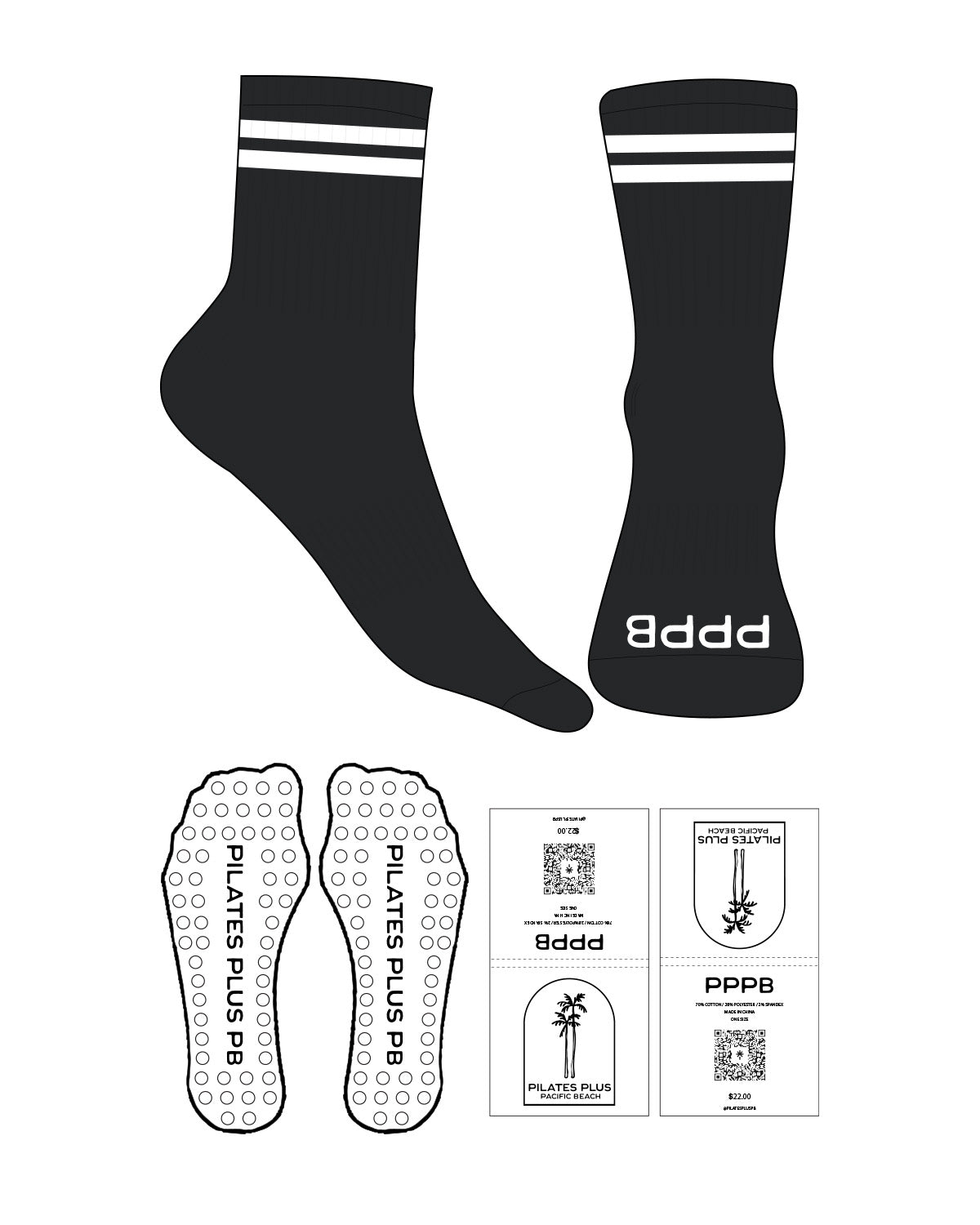 The 3/4 Crew Sock - Black- Pilates Plus PB - Two Strips and Toe - Black Circle Shape With Icon Grip - Black