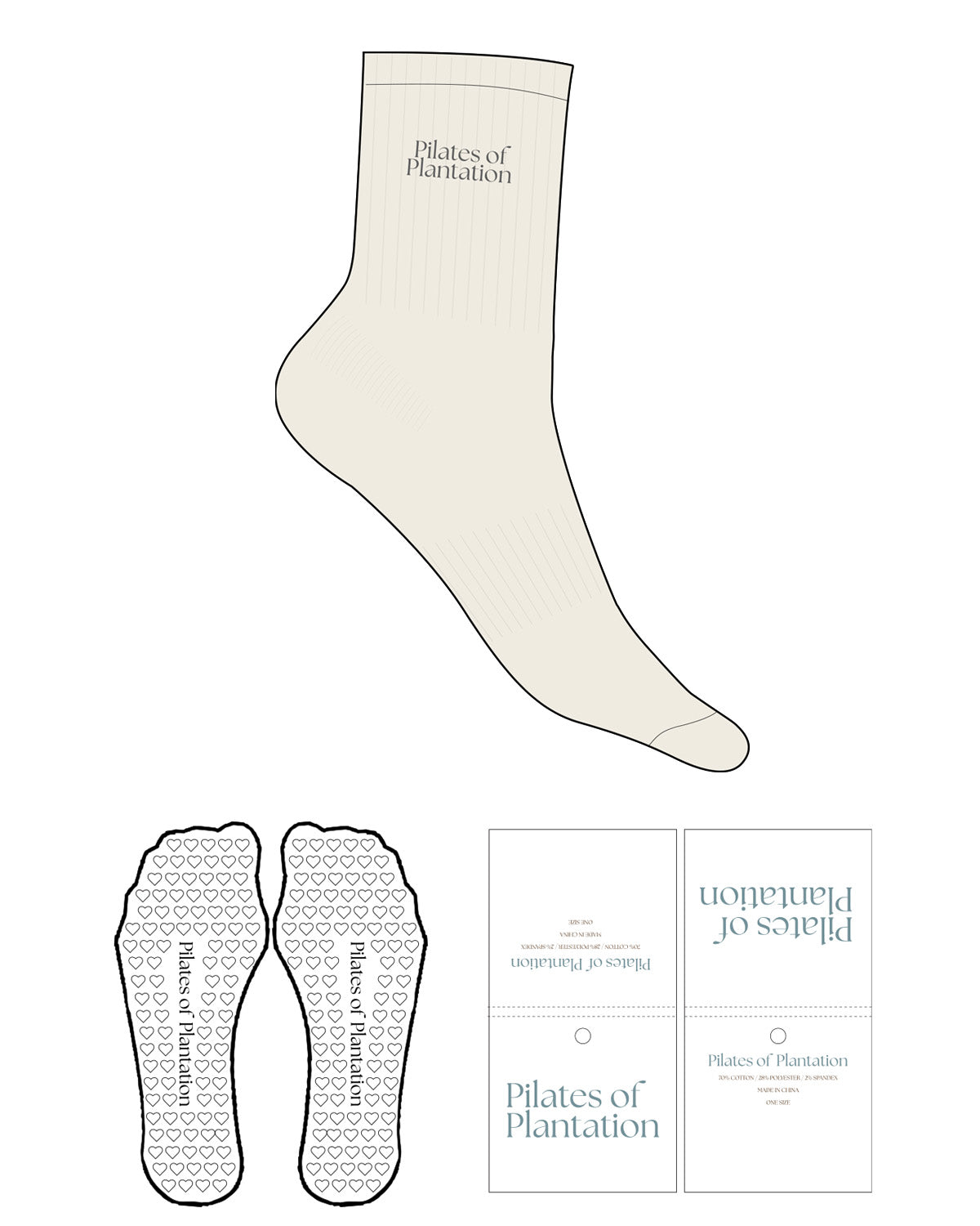 The 3/4 Crew Sock - Off White - Pilates of Plantation - Top Text Stacked - Embroidered - Arona - Heart Grip - Transparent