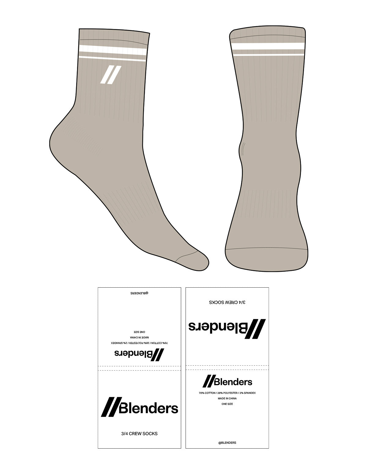 The 3/4 Crew Sock - Tan - Blenders - 2 Strip - Top and Front Logo - Embroidered - Printed - White