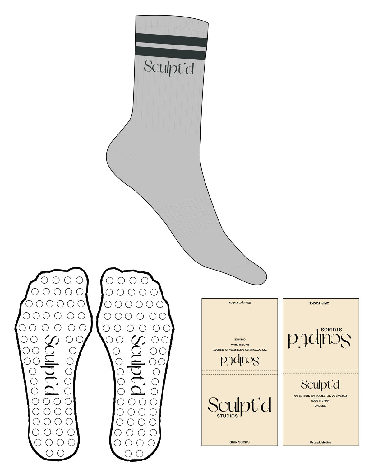The Crew Sock - Heather - Sculpt'd Studios - Stripes & Top Logo - Charcoal - Circle Grip - Charcoal