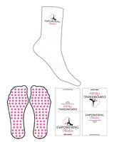 The Crew Sock - White - Empowering Pilates - Top Logo Stacked - Embroidered - Full Color - Star Grip - Pink