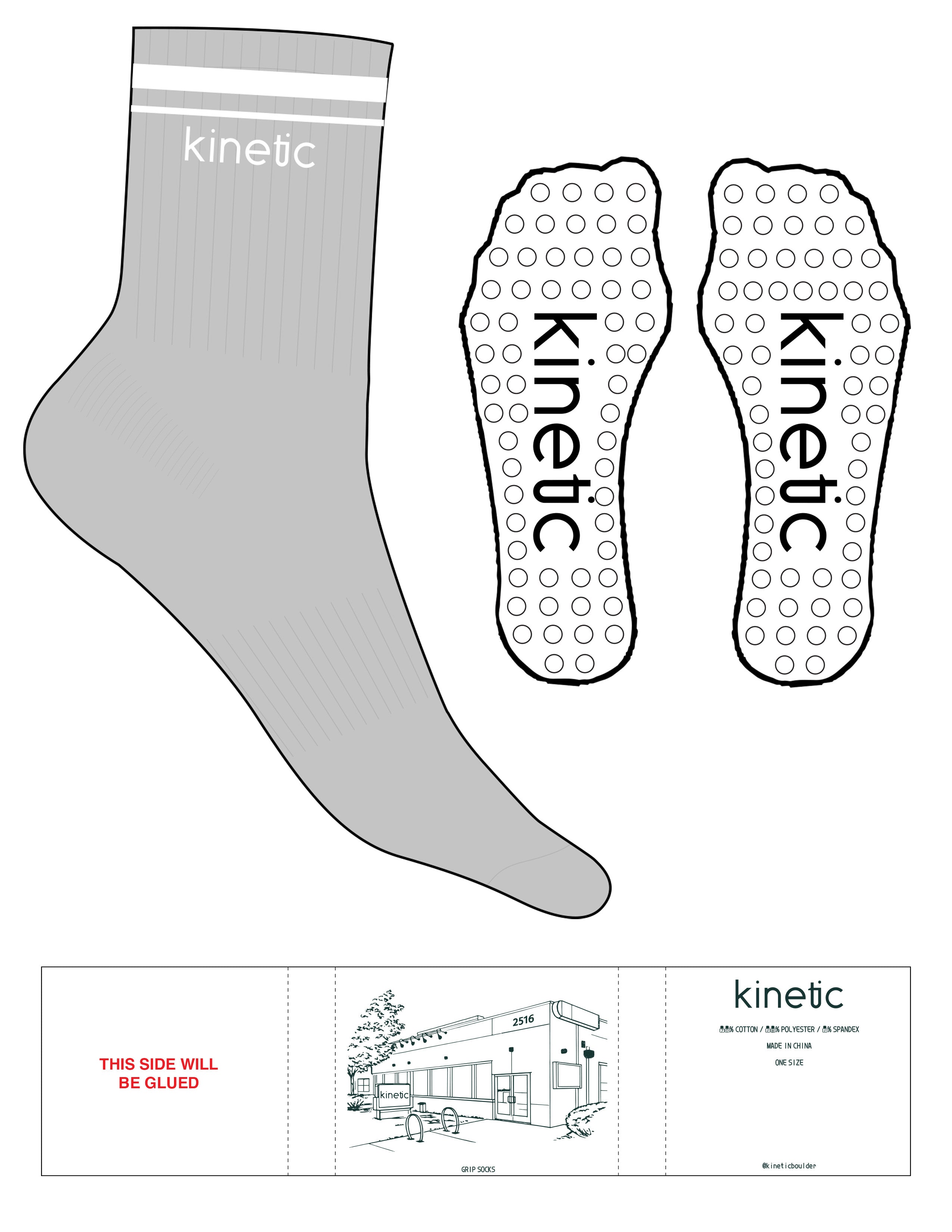 The 3/4 Crew Sock - Heather - Kinetic Pilates - 2 Stripes Printed - Top Logo Embroidered - White - Circle Grip - Transparent